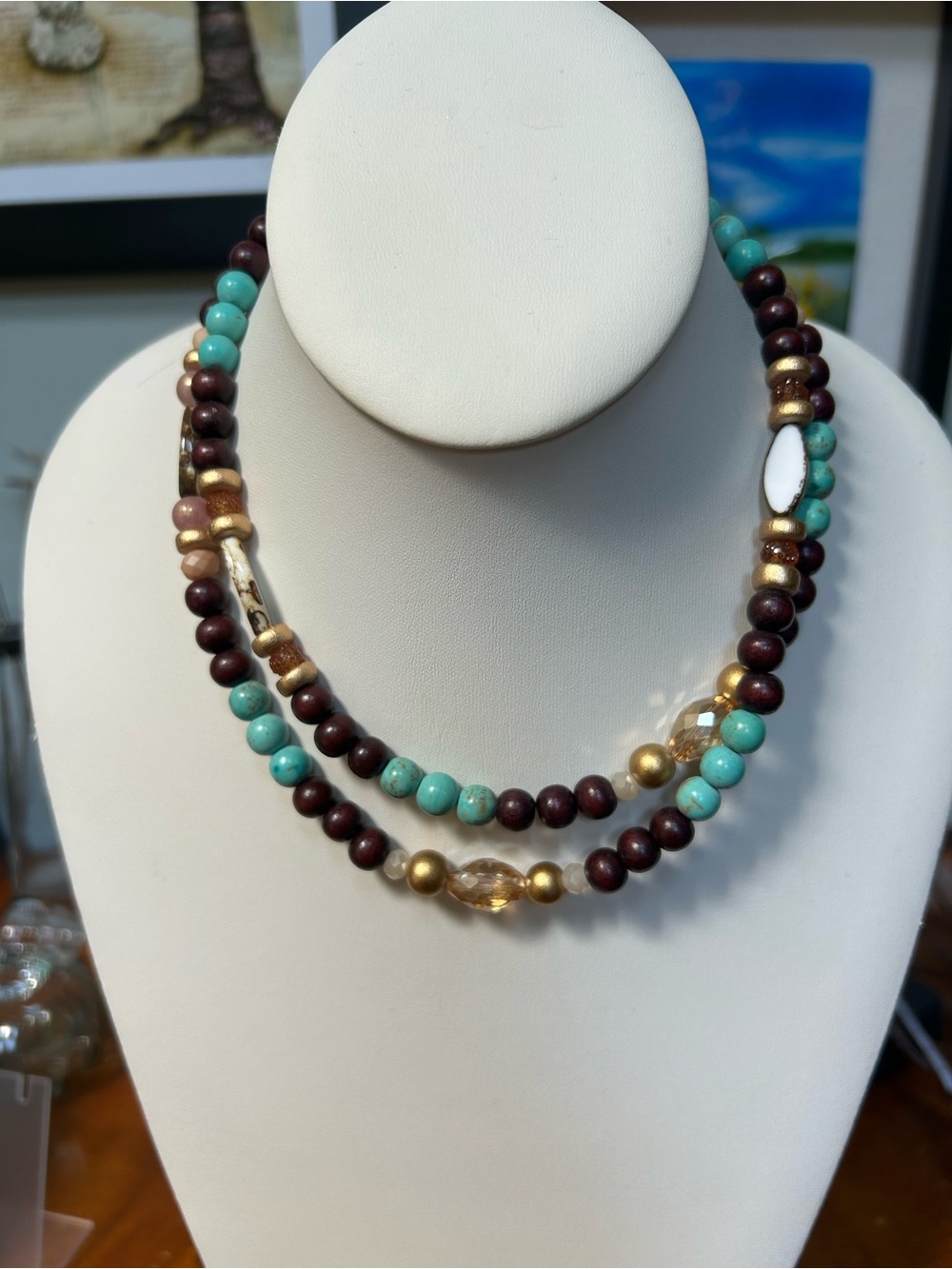 Artisan Turquoise Stone, Wood, and Glass Beaded Necklace